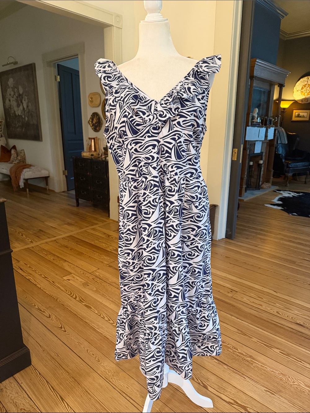 Vineyard Vines Navy & White Ruffle-Trim V-Neck Midi Dress